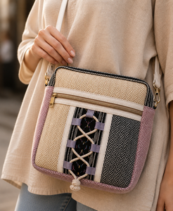 Geometric Pattern Shoulder <b>Bag</b> With Decorative Woven Panels And Adjustable Strap For Women Shopping Travel <b>Work</b> And Casual Wear - Product Image 4
