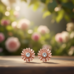 Orecchini a lobo con fiore in oro rosa e zirconi rotondi incastonati a castone, gioielli classici alla moda da donna, idea regalo - Product Image 2