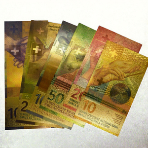 Lot de 6 billets de banque factices en feuille d'or <span class=keywords><strong>Suisse</strong></span> (10, <span class=keywords><strong>20</strong></span>, 50, 100, 200, 1000 Francs) pour cadeaux, souvenirs et fêtes - Product Image 1