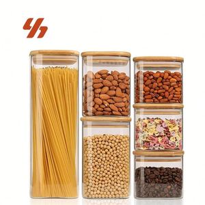 Juego de 6 Recipientes de Vidrio Cuadrados para Almacenamiento, con Tapas de Bambú, Herméticos, para Cocina y Despensa, Venta al Por Mayor - Product Image 1