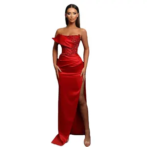 赤いストラップレスマーメイドハイスプリットオープンイブニングドレス2024女性のための穏やかなヒルサテンパーティードレス