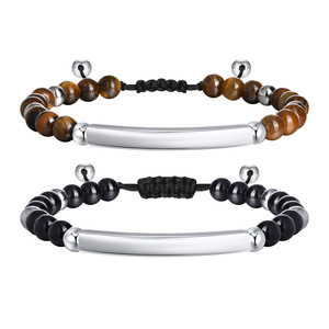 Adjustable Braided <b>Rope</b> Beaded <b>Bracelet</b> With Blank Stainless Steel Curved Bar Natural Stone Custom Engravable <b>Bracelet</b> - Product Image 1