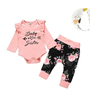 Factory wholesale girl clothing sets toddler kids letter printed romper flower trousers hat set 0-24 M baby clothing sets
