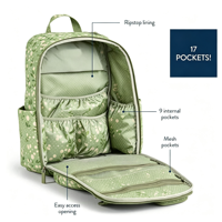 Sac à dos à langer vert imperméable avec 11 poches pour mamans actives