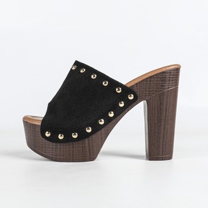 Mules à plateforme pour femmes, à bout ouvert, avec talon bloc orné de pierres, couleur unie, semelle extérieure en caoutchouc, doublure en microfibre, tendance - Product Image 5