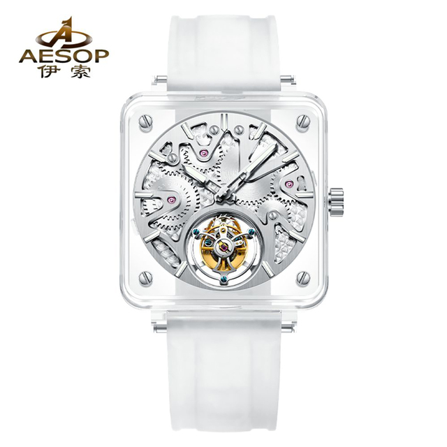 Fashionable Brand Flying Tourbillon Movement Manual Mechanical Watch Square Transparent Hollow Waterproof Watch for Men