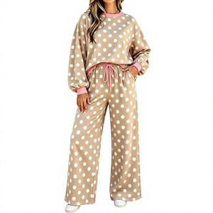 Conjunto de 2 Piezas Casual con Estampado de Lunares para Adultos y Jóvenes, Sudadera de Cuello Redondo y Pantalones Anchos, Atuendo Otoñal - Product Image 1