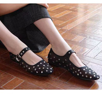Chaussures plates Mary Jane en maille avec strass pour femmes, logo personnalisé, OEM ODM, usine certifiée, tulle transparent, bout pointu, boucle réglable