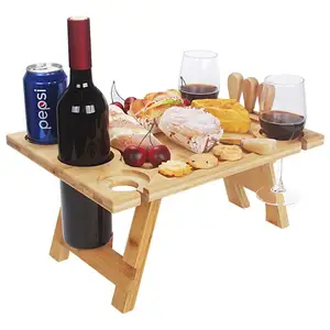 Mesa de picnic de vino de bambú plegable portátil, mesa de aperitivos con botella de vino y soporte de vidrio para acampar al aire libre, regalo para amantes del vino