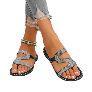 Sandales plates pour femmes été <span class=keywords><strong>2023</strong></span> - Décoration en strass tendance, tongs confortables à bout ouvert, grandes tailles EU 42-43, pour la plage et le quotidien - Product Image 5