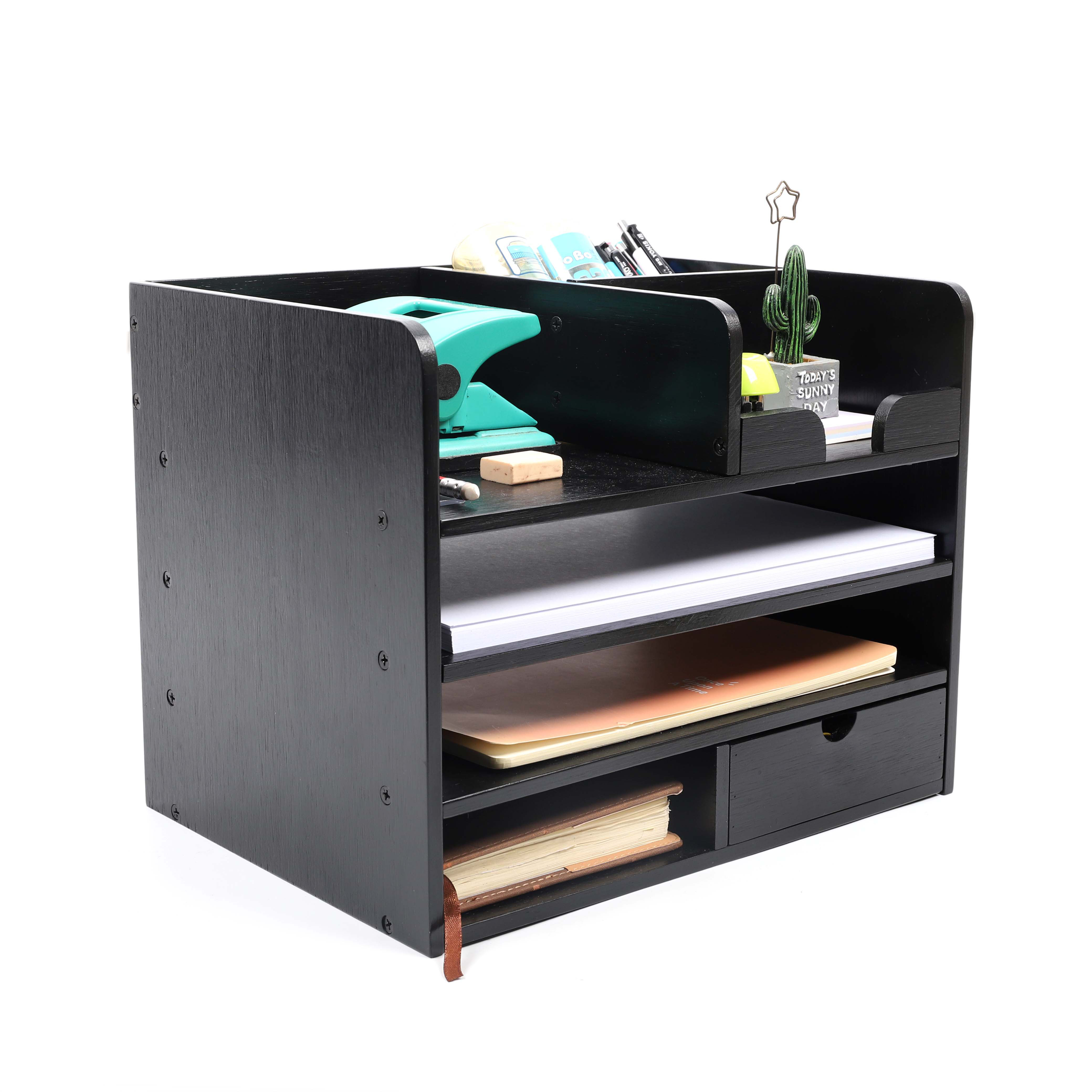 bamboo Desk organizer storage notes and pens, drawer, office home organization rack black color