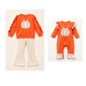 Combinaison personnalisée en spandex/coton biologique doux pour bébés filles, motif floral citrouille orange, style fêtes, vente en gros, vêtements pour sœurs - Product Image 2