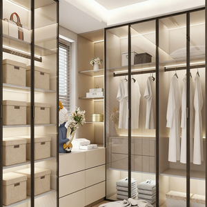 BALOM Armoire ouverte moderne de luxe avec porte en verre, cadre en métal <span class=keywords><strong>noir</strong></span>, armoire en bois beige, design de <span class=keywords><strong>dressing</strong></span> <span class=keywords><strong>ouvert</strong></span> - Product Image 1