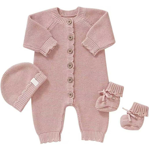 Ensemble 3 pièces nouveau-né en coton biologique MIQV : barboteuse tricotée, bonnet et chaussons – Tenue mignonne sans manches unisexe pour l'automne - Product Image 1