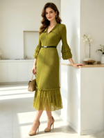 Robe de bureau bleu marine à col en V, plissée, avec ourlet en dentelle, manches évasées 3/4, robe midi pour femme avec ceinture