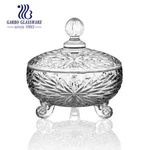 Alta Qualidade Vidro Candy Sugar Pot com Tampa Gravada Design Candy Jar em estoque Dubai Indonésia Hot Selling Glass Sugar Jar