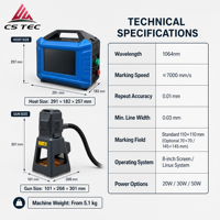 Machine de marquage laser à fibre portable multi-langues CS, 28 langues prises en charge, système d'exploitation Linux, écran tactile anti-reflet de 8 pouces pour le métal