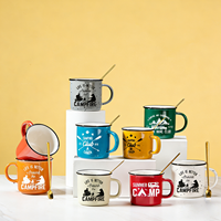 Ensemble de tasses à café de camping en céramique à l'aspect émail rétro vintage avec logo personnalisé, vaisselle en grès mouchetée classique pour le feu de camp