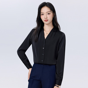 Women's Blue Long Sleeve Shirt Solid Color Polyester Workwear Formal Uniform - Product Image 3