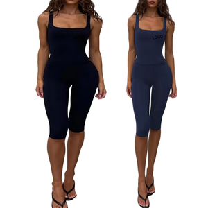 Solid Square Neck Spaghetti Strap Calf-Length Yoga Suit Seamless Elastic Waist High Waist Sweat-Wicking Sport Set for Women - Product Image 1
