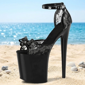 Sandali da 8 Pollici-20cm Sexy Fetish con Fiocco in Pizzo Nero, Tacco Sottile, Ultra Alto, Eleganti per Sfilate di Moda, <span class=keywords><strong>Scarpe</strong></span> per Pole Dance - Product Image 3