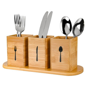 Organizador de cubiertos de bambú con tres compartimentos para tenedores, cuchillos y cucharas, soporte de almacenamiento para cocina - Product Image 1