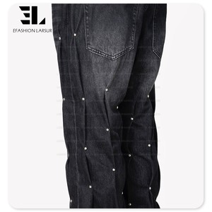 Larsur Tùy Chỉnh Nhà Máy Đau Khổ Rửa Thẳng Chân Denim Quần Với Studded Đinh Tán Nếp Nhăn Xếp Chồng Lên Nhau Jeans Cho Nam Giới - Product Image 6