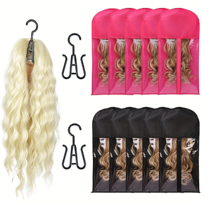 Home Salon Organizer Pink/Black Long Hair Extensions <strong>Storage</strong> <strong>Bag</strong> Non-Woven Dust Proof Wigs <strong>Carrier</strong> <strong>Bags</strong> With Plastic Hanger - Product Image 5