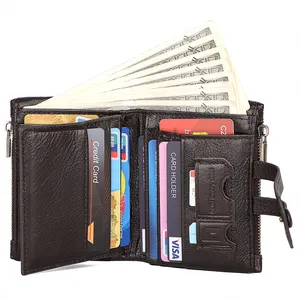 Hot Sale Cowhide Mini Genuine Leather Wallets RFID Blocking Luxury Gents Custom Zipper Mens Slim Wallet With Chain Wallets