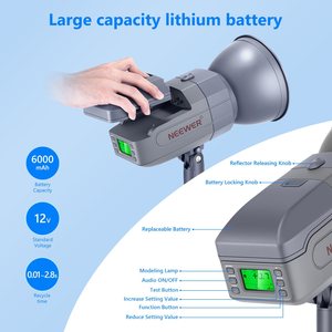 Flash studio <span class=keywords><strong>Neewer</strong></span> Vision5 400W <span class=keywords><strong>TTL</strong></span> 2.4G HSS avec batterie au lithium (jusqu'à 500 éclairs pleine puissance) – Conception allemande, monture Bowens - Product Image 2