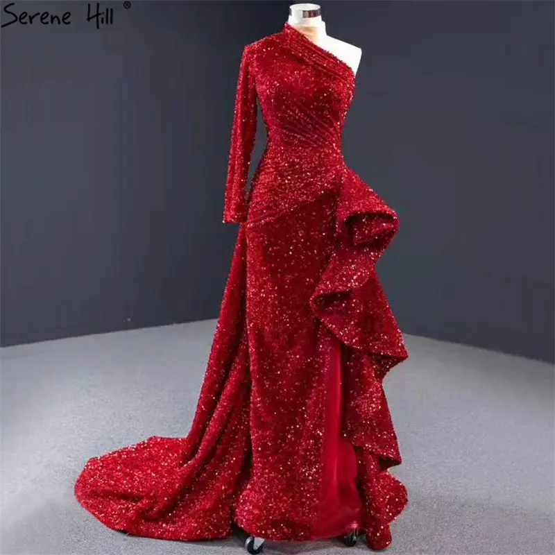 Serene Hill — robe de mariée rouge forme sirène, tenue de luxe, asymétrique épaule dénudée, paillettes scintillantes, de dubaï, Sexy, pour femmes, HM67056, modèle 2020