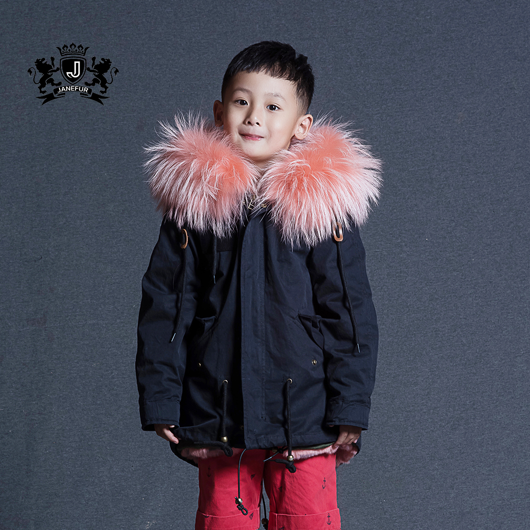 Latest Style Kids Fur Parka Denim Shell faux Fur Lined Fur Jacket Children Fashion Coat