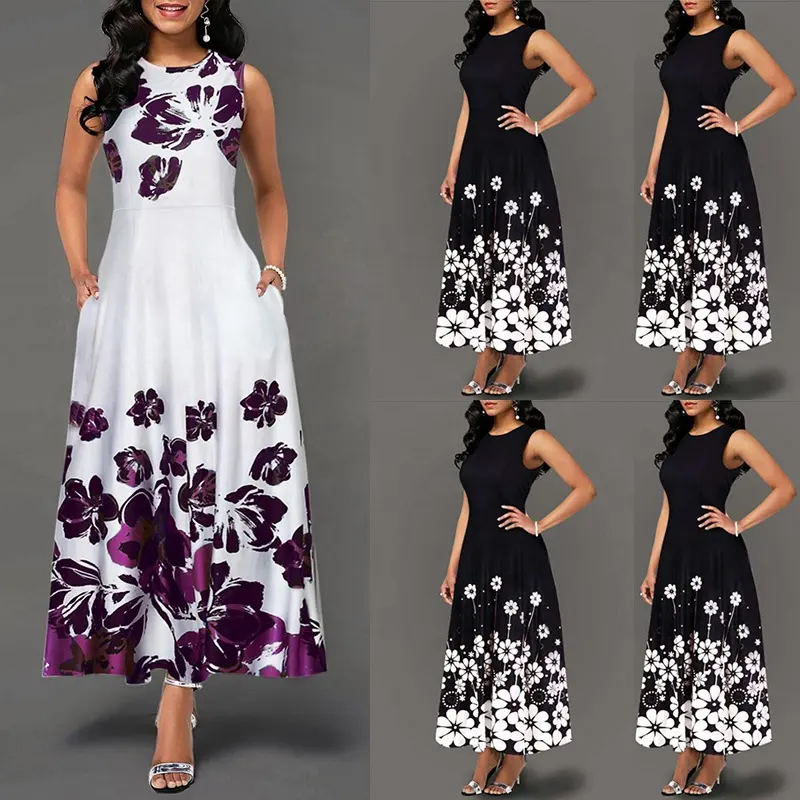 BUKAI Plus Size Women's Floral Print Long Maxi Dress Evening Party Beach Dress Summer Sleeveless Long Flower Sundress Costume