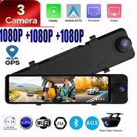 Cámara de Coche con 3 Cámaras, Triple Vista Frontal, Trasera y Derecha, 1080P, Espejo Retrovisor, DVR con GPS, Carplay y Android Auto, WIFI, Aplicación para Teléfono