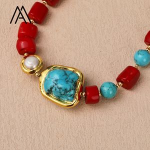 Blu turchese <span class=keywords><strong>con</strong></span> tamburo a forma di <span class=keywords><strong>corallo</strong></span> rosso perla bianco rame-oro placcato perline stile Vintage separato collana di perline di moda - Product Image 4