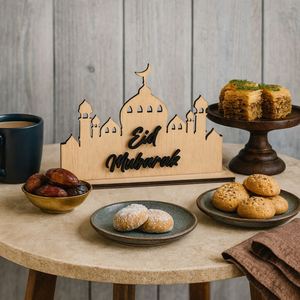 Décoration de table islamique musulmane pour la maison, silhouette de mosquée, signe en bois réversible Ramadan Aïd 34x20cm, durable - Product Image 1