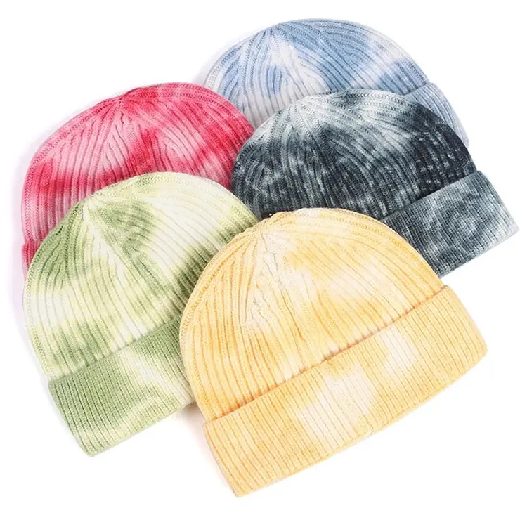 Unisex tie dye beanie men short hat men 2023 winter fisherman beanies ladies tie dye print autumn hip hop knitted cap skullcap