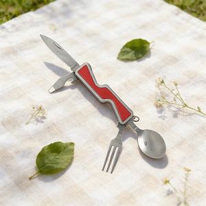 Coltello Tascabile <span class=keywords><strong>4</strong></span> in 1 in Acciaio Inox con Cucchiaio Combinato, Coltello Multifunzionale da Campeggio per Feste e Ristoranti - Product Image 1