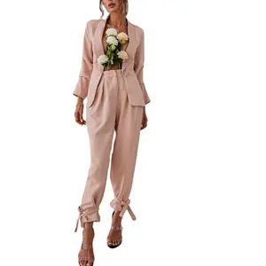 새로운 패션 사무실 숙녀 정장 2 조각 복장 여성 섹시한 단일 버튼 목도리 칼라 블레이저 & 매듭 바지 세트