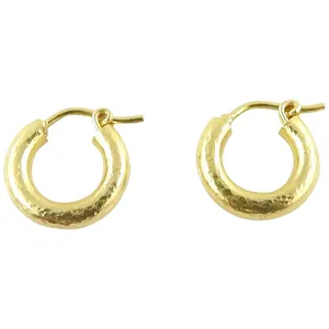 Vintage Plain 925 Sterling Silver Hoop Earrings Yellow Gold Plated Fancy Hammered Earrings