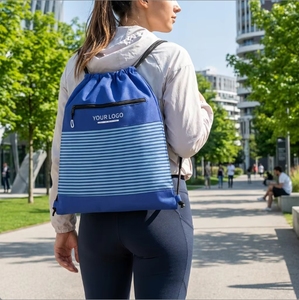 Custom Imprint 600D Oxford Cinch Sack Striped Bottom Panel Front Zipper Pocket Branded Merchandise Gym Sport <b>Drawstring</b> Bag - Product Image 4