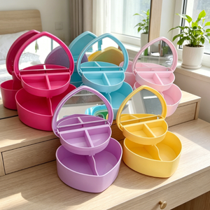 Boîte de rangement en plastique double couche en forme de cœur, couleur bonbon moderne, avec fermeture à boucle et miroir pour boucles d'oreilles, bagues et colliers - Vente en gros - Product Image 2