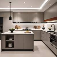 Dosseret en stratifié texturé 3D semi-brillant de qualité villa | Ensemble d'armoires de cuisine modulaires avec verre, MDF, robinet et quincaillerie d'évier