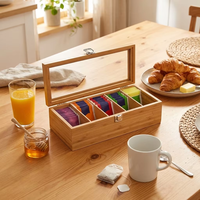 Boîte à thé rectangulaire en bois naturel à 5 compartiments gravée au laser, organisateur de sachets de thé en bois personnalisé avec couvercle en acrylique transparent