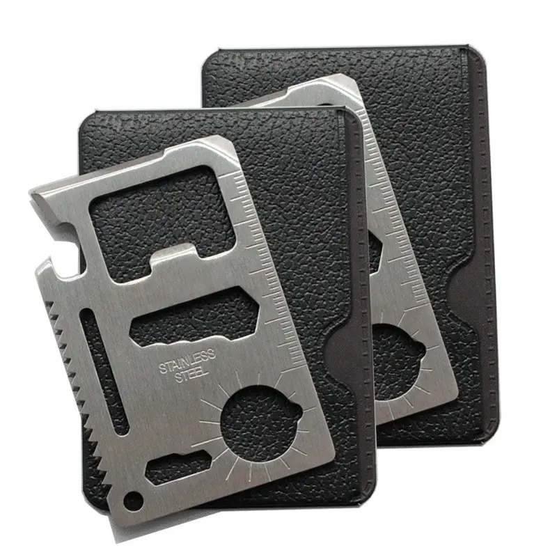 Outdoor camping hiking survival credit card multitool 11 in 1 wallet size stainless steel multitool card with leather bag