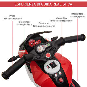 Moto électrique HOMCOM pour enfants de 3 à 5 ans max. 25kg avec lumières, musique, batterie 6V et vitesse 3 km/h, 86cm x 42cm x 52cm Rouge - Product Image 6