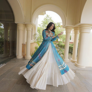Traditional Indian Pakistani <b>Women's</b> Floor-Length Embroidered Blue <b>Jacket</b> Loose Fit Quick Dry All Season <b>Wedding</b> Lehenga Set - Product Image 1