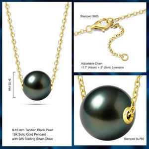 จี้ไข่มุกดำตาฮิติ 9-12 มม. AAAAA รูปทรงกลม โซ่ทอง 18K ของขวัญเครื่องประดับสำหรับผู้หญิง - Product Image 4