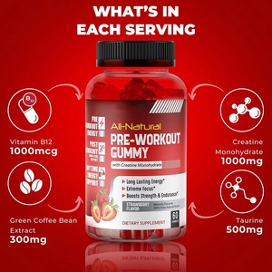 Gummies pré-entraînement avec créatine monohydrate 1000mg, B12, <span class=keywords><strong>taurine</strong></span>, 60 unités, saveur fraise, OEM, marque privée - Product Image 3