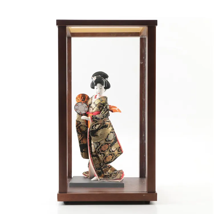 Oryantal antika japon geyşa bebek küçük japon bebek şeffaf akrilik cam ve ahşap vitrin